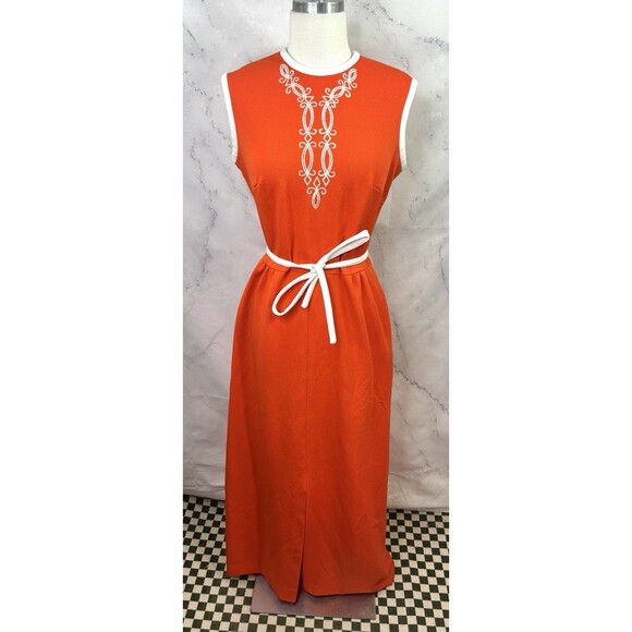Vintage 1960's Orange MOD Sleeveless Maxi Dress M Accent Belt Groove MCM Retro - Picture 10 of 16